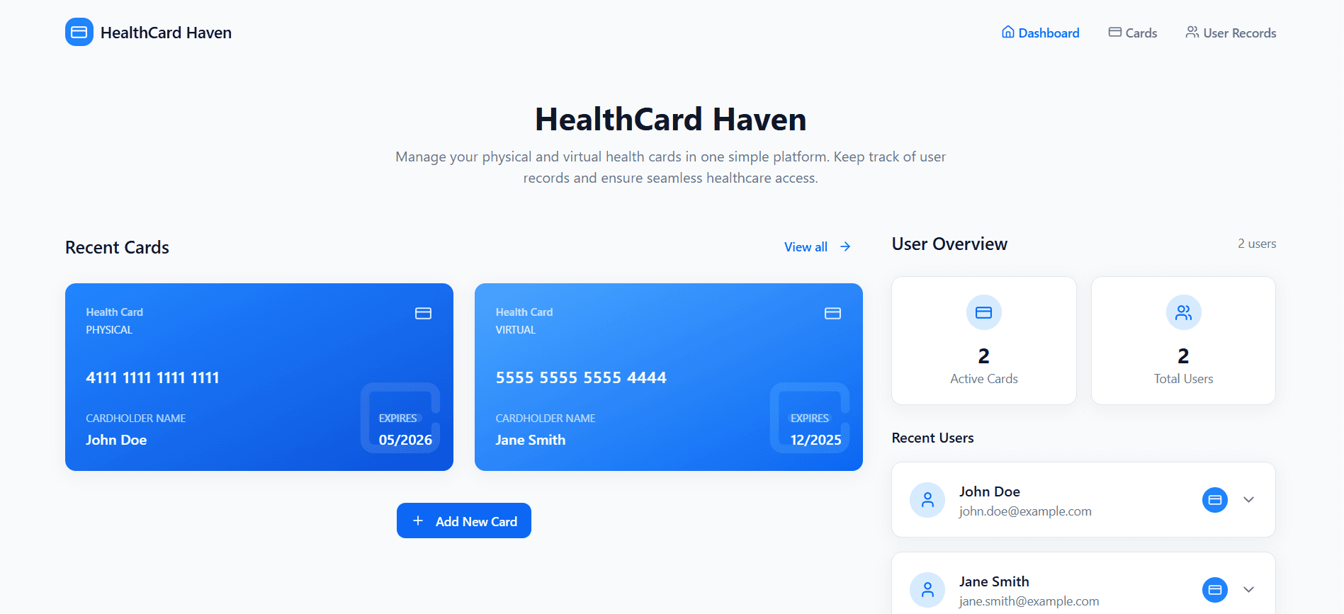 Healthcard Haven project screenshot - A digital health card management platform that all...