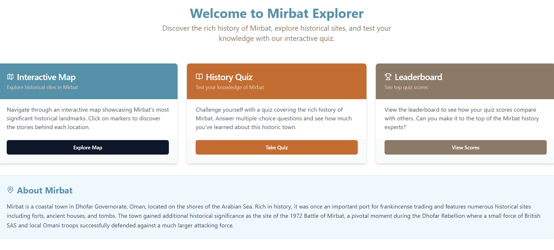 Mirbat Explorer project screenshot - An interactive guide and exploration tool for the ...